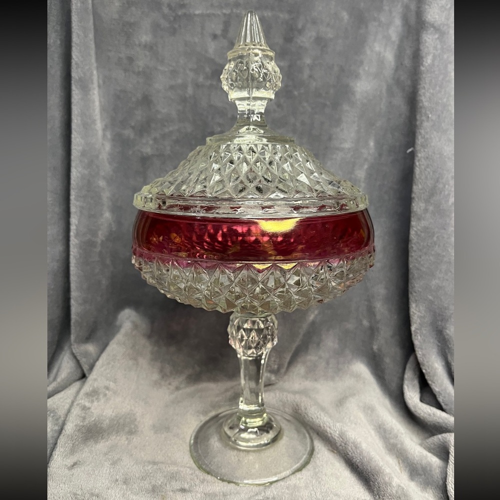 VTG Indiana Glass Ruby Red Tall Pedestal Candy Dish with Lid